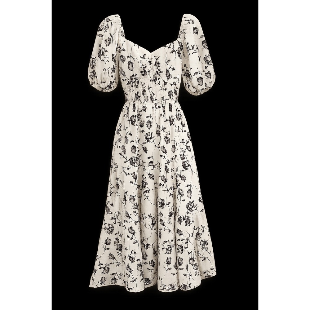 Women's White Floral Midi Dress Feminie Smocked Cottagecore Fairy Festival